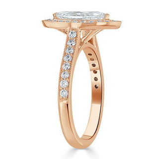 Anillo de compromiso de moissanita con halo de talla marquesa de 1,0 ct y engaste pavé