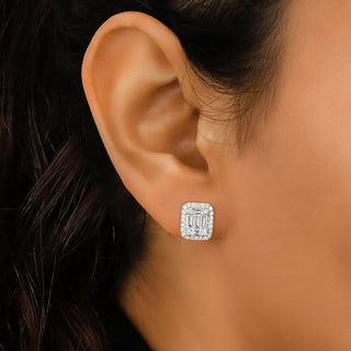 Boucles d'oreilles à tige rondes et baguettes en moissanite avec halo de diamants de 1,30 TCW