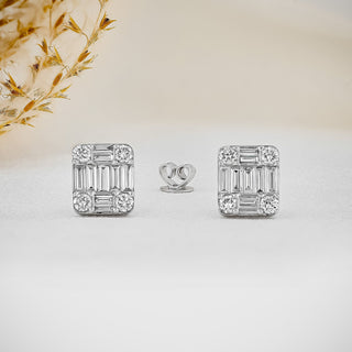 0.99 TCW Baguette & Round Moissanite Diamond Stud Earrings