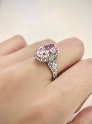 Bague de fiançailles avec halo de diamants en moissanite taille ovale rose fantaisie de 3,0 à 5,0 ct