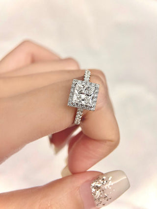 Anillo de compromiso con halo de diamantes de moissanita de talla princesa de 1,50 ct a 2,50 ct