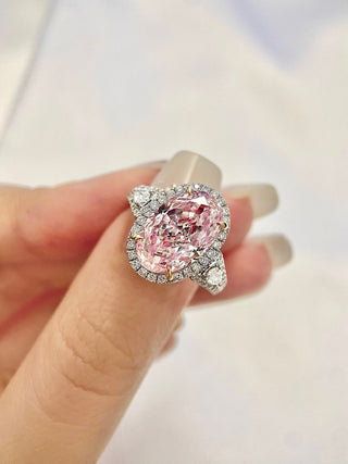 Bague de fiançailles avec halo de diamants en moissanite taille ovale rose fantaisie de 3,0 à 5,0 ct