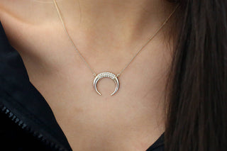 Round Cut Horn Moon Diamond Necklace 10K Gold Ring for Women