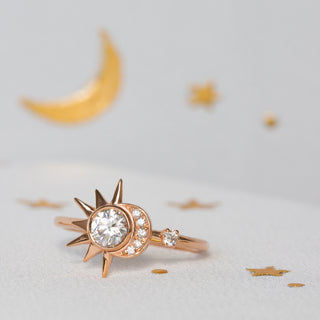 Bague de fiançailles en or massif avec diamants et moissanite ronde, soleil et croissant de lune