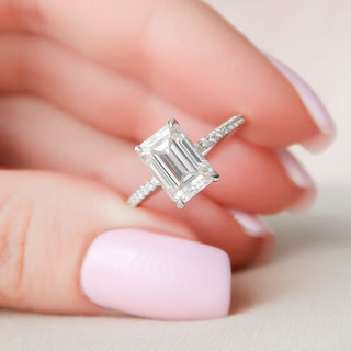 2.50CT Emerald Cut Hidden Halo Moissanite Diamond Pave Engagement Ring For Women