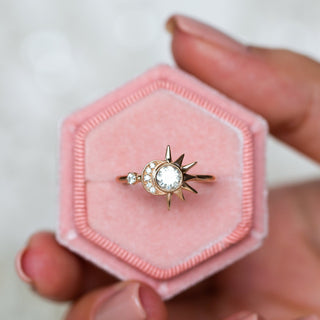 Bague de fiançailles en or massif avec diamants et moissanite ronde, soleil et croissant de lune