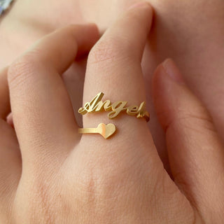 Anillo de oro macizo de 14 k con nombre personalizado y corazón