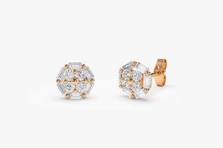 Boucles d'oreilles à tige en diamants baguette et ronds, cadeau pour femme