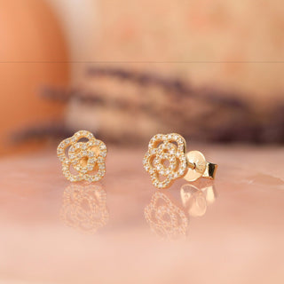 0.32CT Round Floral Moissanite Diamond Stud Earrings in Solid Gold