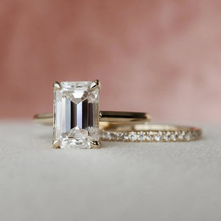 3.00 CT Emerald Cut Moissanite  Halo Bridal Engagement Ring Set