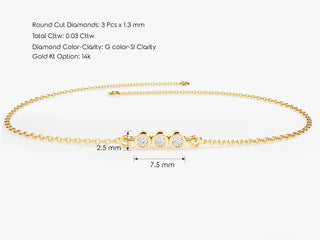 Pulsera de tres diamantes de talla redonda con engaste en bisel de 0,1 ct para ella 