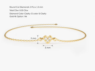 Bracelet en forme de petit cœur avec diamants taille ronde pour cadeau de Saint-Valentin