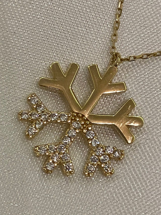 14K Solid Gold Snow Flake with Diamonds Necklace