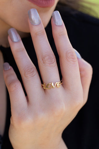 14K Solid Gold Script Love Ring Gift for Women