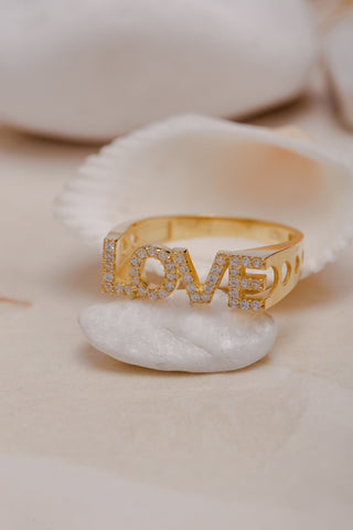 Anillo de diamantes con palabra Love de corte redondo, regalo de San Valentín