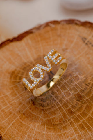 Anillo de diamantes con palabra Love de corte redondo, regalo de San Valentín