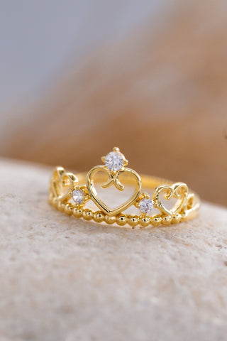 14K Solid Gold Princess Heart Crown Ring for Women