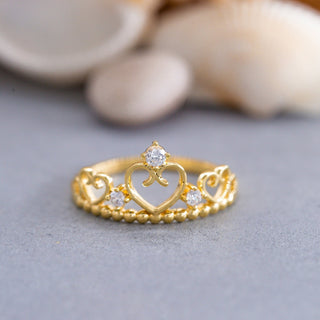 14K Solid Gold Princess Heart Crown Ring for Women