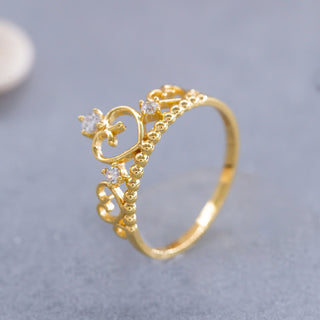 14K Solid Gold Princess Heart Crown Ring for Women