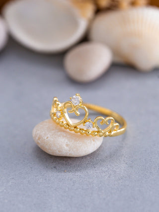 14K Solid Gold Princess Heart Crown Ring for Women