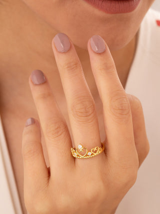 Anillo de oro macizo de 14 quilates con corona de corazón de princesa para mujer