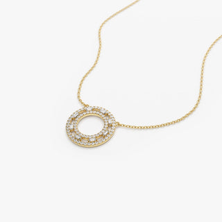 Baguette & Round Cut Diamond Circle Pendant Necklace for Her