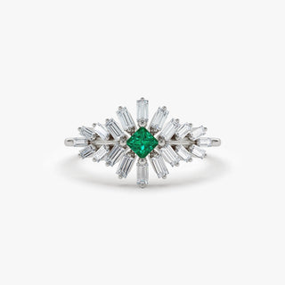 Bague en grappe de diamants taille princesse et baguette verte pour femme