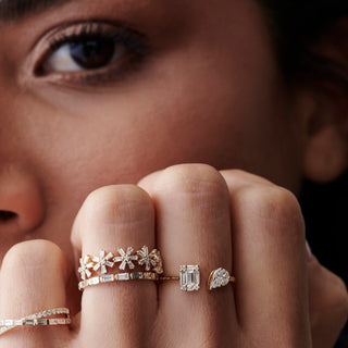 Bague à motif floral multiple avec diamants taille ronde et baguette pour femme