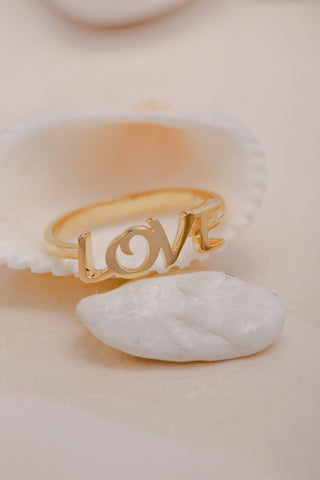 14K Solid Gold Script Love Ring Gift for Women