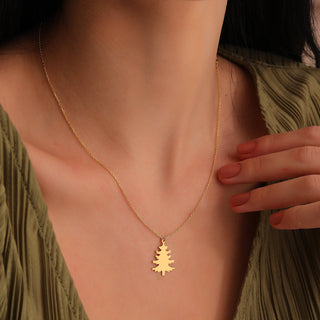 Solid Gold Plain Minimalist Xmas Tree Charm Pendant Necklace