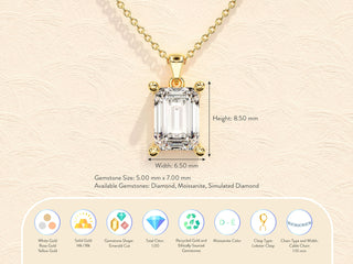 Emerald Cut Solitaire Moissanite Diamond Pendant Necklace for Her