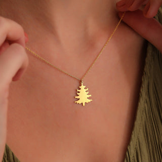 Solid Gold Plain Minimalist Xmas Tree Charm Pendant Necklace