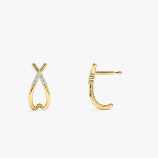 14k Gold Criss Cross Half Hoop Diamond Stud Earrings for Wife