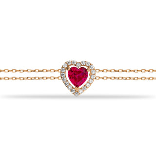 Pulsera con halo de diamantes y piedra natal de julio en forma de corazón de rubí