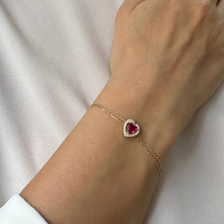 Ruby Heart Shape July Birthstone Diamond Halo Bracelet