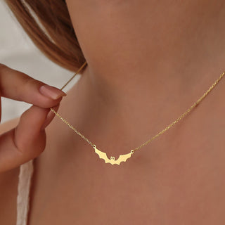 Solid Plain Gold Halloween Dainty Bat Pendant Necklace