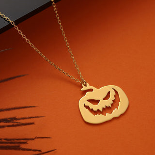 Collar con colgante de calabaza adorable de Halloween en oro macizo liso