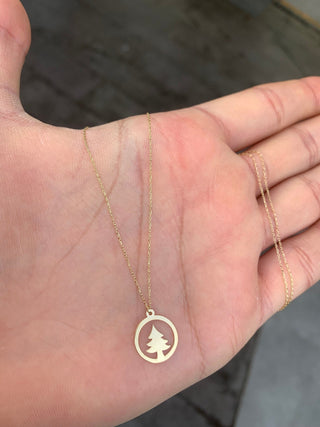 Solid Plain Gold Christmas Pine Tree Pendant Necklace