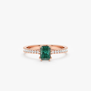 Anillo de compromiso pavé de diamantes de talla esmeralda verde para mujer