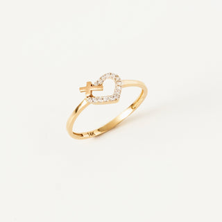 Anillo de diamantes con forma de cruz de corte redondo en forma de corazón para mujer