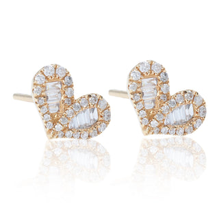 Boucles d'oreilles à tige en forme de cœur avec diamants ronds et baguettes pour femmes