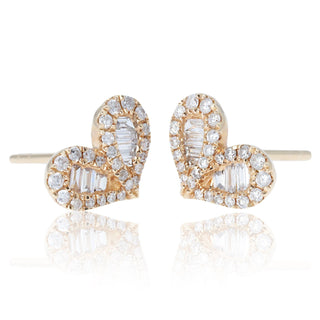 Boucles d'oreilles à tige en forme de cœur avec diamants ronds et baguettes pour femmes