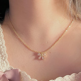 Pear & Baguette Cut Diamond Bow Necklace Gift for Her