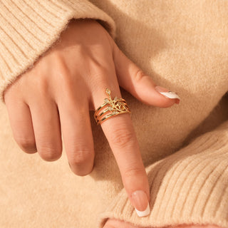 Bague de mariage à plusieurs niveaux avec diamants taille ronde et feuille d'olivier pour elle