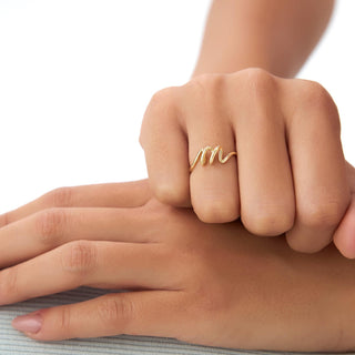 14K Gold Wire Handwriting Initial Ring for Personal Gift