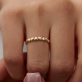 Anillo de oro macizo de 14 quilates con cuentas en forma de corazón para mujer