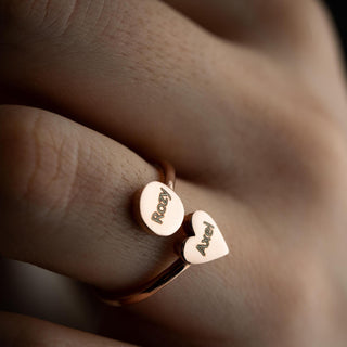 Double Name Open Heart Ring in 14K Gold for Gift