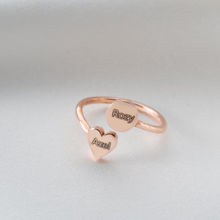 Bague en or 14 carats avec double nom et cœur ouvert pour cadeau