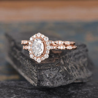 1.50 CT Oval Shaped Moissanite Halo Bridal Ring Set