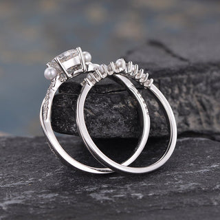 Juego de anillos de boda Art Deco con diamantes de moissanita de forma redonda de 0,50 quilates